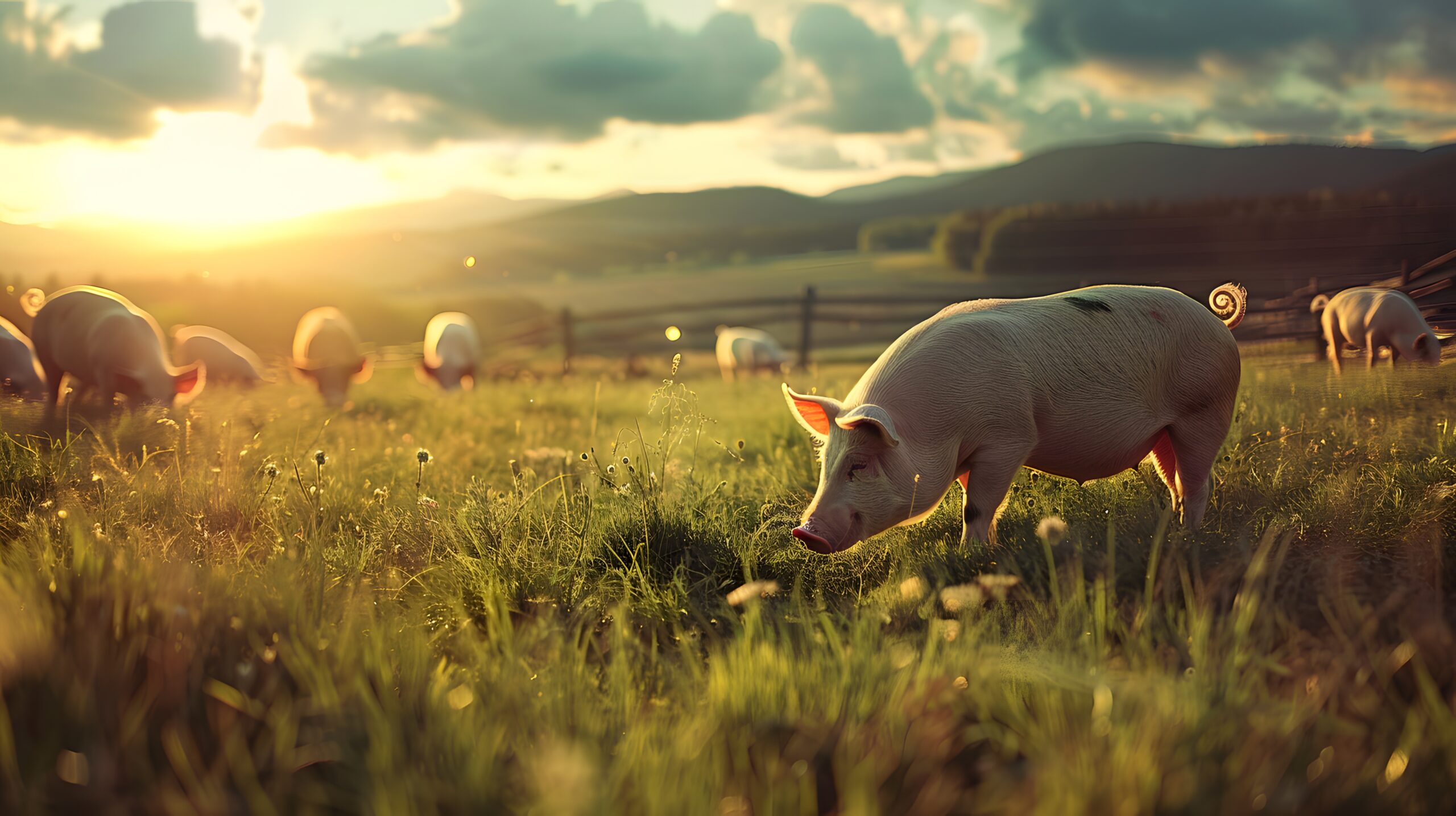 Pigs eating on a meadow in an organic meat farm.